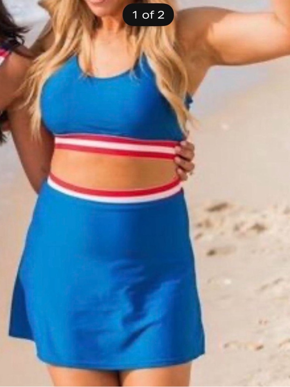 Pink Lily Blue Two-Piece Swim Bikini with Red and White Stripe Trim